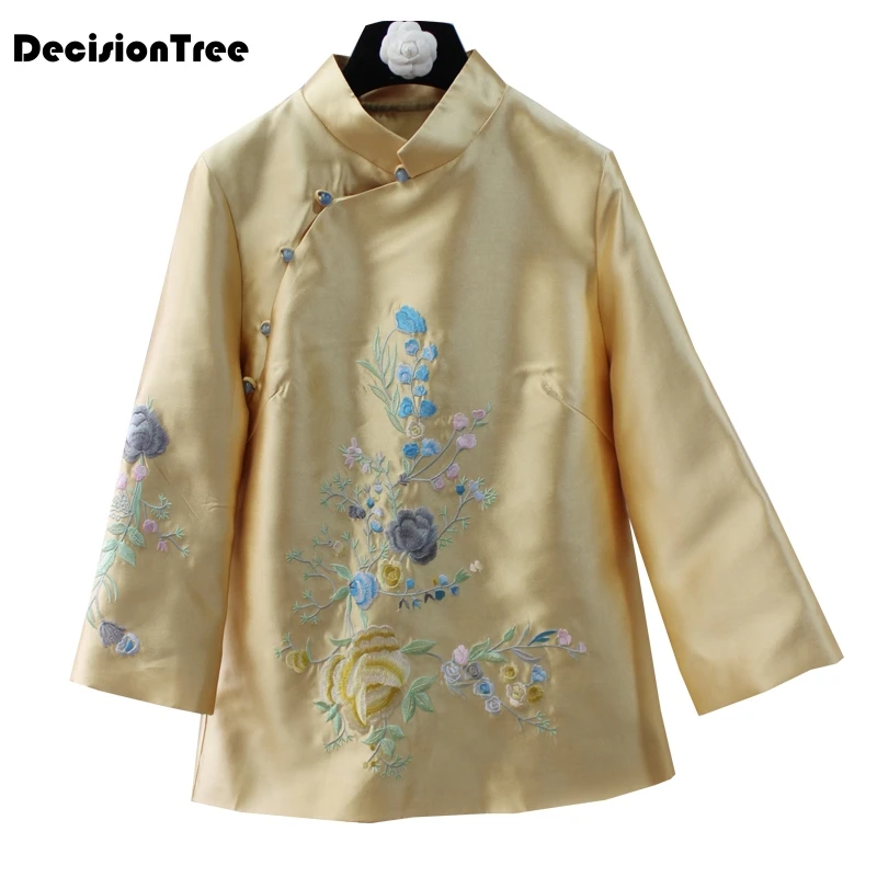 

2019 woman chinese style shirts top folk traditional chinese blouse qipao tops stain silk embroidery blouse for women