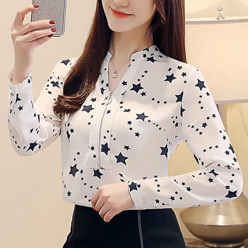 

Spring and Autumn New 2019 Chiffon Shirt Women's Tops Long Sleeve V-Collar Chiffon Office Printed Women's Blouses Shirt 932i