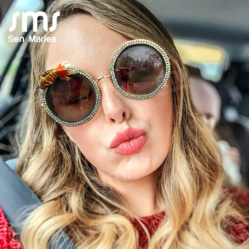 

Vintage Round Diamond Sunglasses Women Fashion Rhinestone Fish Decoration Sun Glasses Men Luxury Brand Designer Unique Glasses