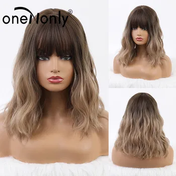 

oneNonly Synthetic Wigs Ombre Light Brown Medium Wavy Hair Wig Wigs for White Black Women Glueless Heat Resistant Free Shipping
