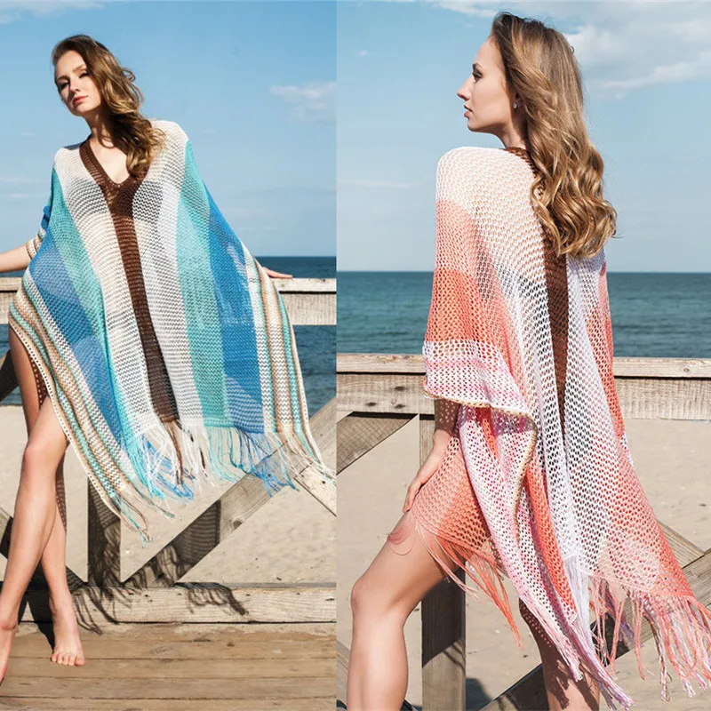 

Beach Dresses Cover Up Beach Woman Bikinis Female 2019 Swimsuit Cover Up Tunics Summer Dress Vertical Striped Loose Knitted