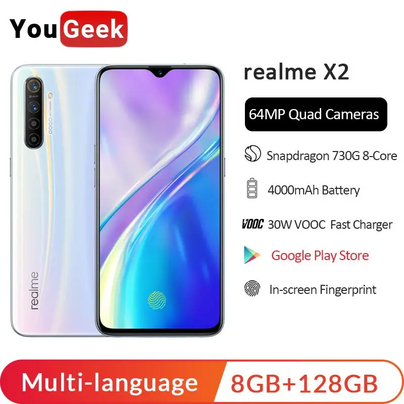 Realme X2 8 Гб 128 ГБ 6,4 дюймов мобильный телефон Snapdragon 855 64 мп Quad камера мобильный телефон OPPO vooc 30 Вт быстрое зарядное устройство