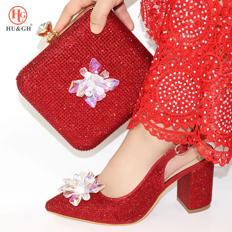 

New Red Color Matching Shoe and Bag Set Decorated with Rhinestone African Shoe and Bag Set for Party In Women Italian High Heels