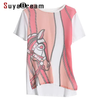 

SUYADREAM Women 100% REAL SILK Front Print T Shirt Short Sleeved Casual O neck Shirts 2020 Spring Summer Tops