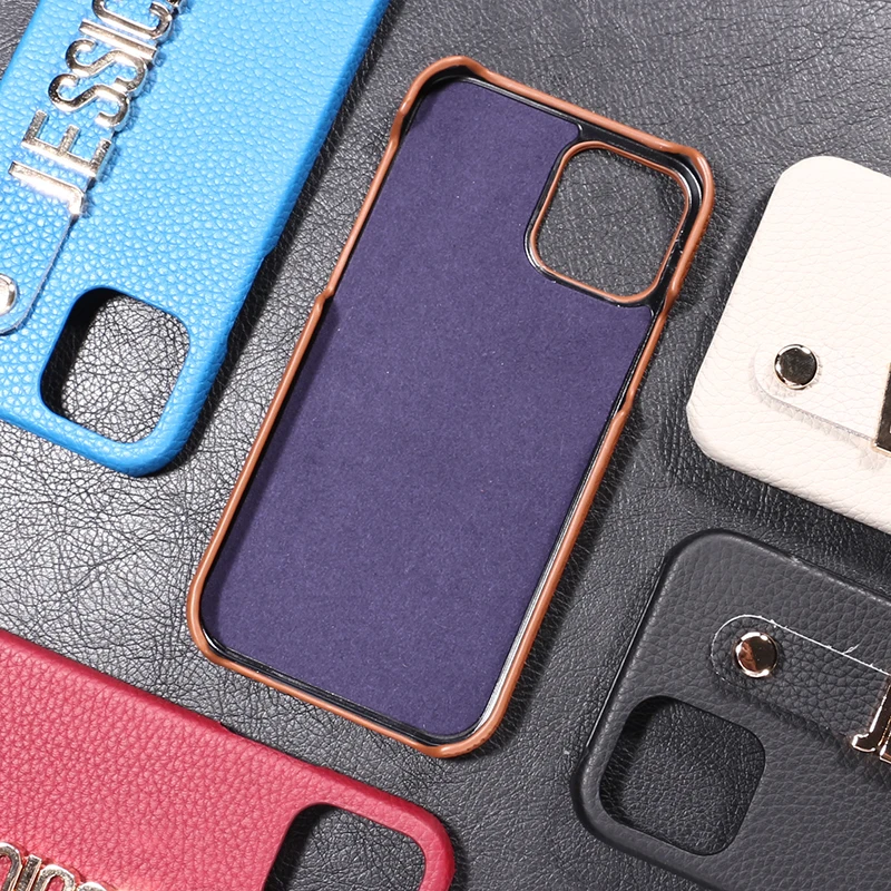 Luxury Custom Initial Name Pebble Leather Phone Case For iPhone 11 12 13 Pro Mini Max XR XS 7 8Plus Diamond Metal Letters Cover