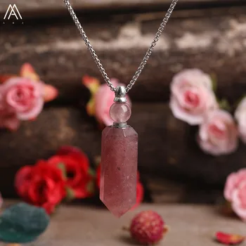 

Natural Strawberry Quartz Silvery Gold Perfume Bottles Pendant For Necklace Jewelry Women Crystal Essential Oil Diffuser Gift