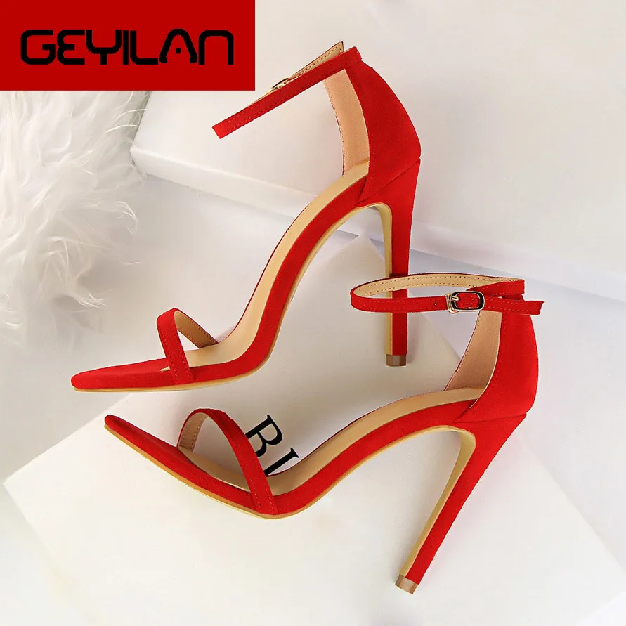 

2018 Women Size 40 Flock Extreme 11cm High Heels Fetish Sandals Female Strap Shoes Lady Nude Valentine Red Classic Brown Pumps