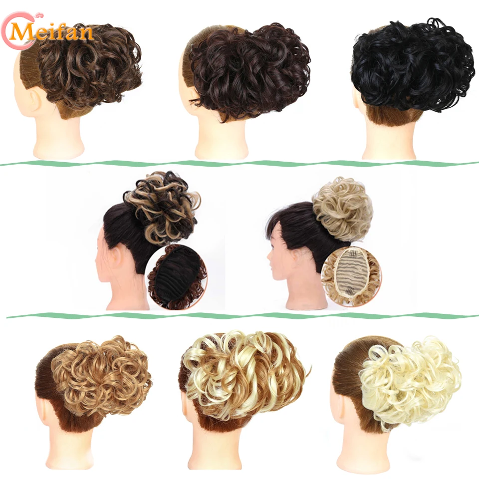 MEIFAN Women Easy Clip In Big Hair Bun Rubber Band Chignon with Two Comb Wave Curly Synthetic Wigs Ponytail Extensions