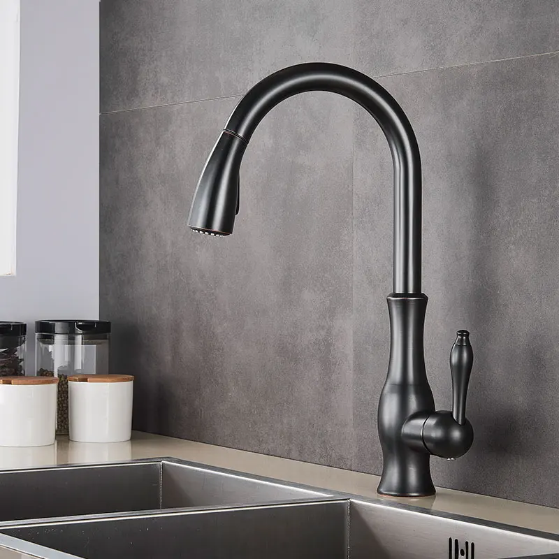 Golden Kitchen Faucets Pull Out Mixer Sink Tap 360 Rotation Single Handle Water 2-way Sprayer Mixer Tap