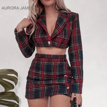 

Women Role Play Costume Top and Mini Plaid Skirt Schoolgirl Outifts tweed suit
