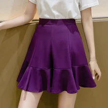 

Women Fashion Summer Holiday Style Casual A-line Mini Skirts Female Chic Ruffled High Waist Purple Short Skirt Ladies Streetwear