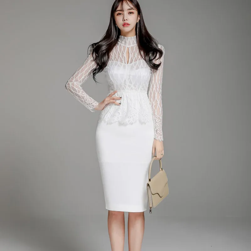 

2020 Spring Clothing New Products Ol Career Elegant Half-Turtle-Neck Lace Joint Mock Two-Piece Flounced Medium-length Dress Wome