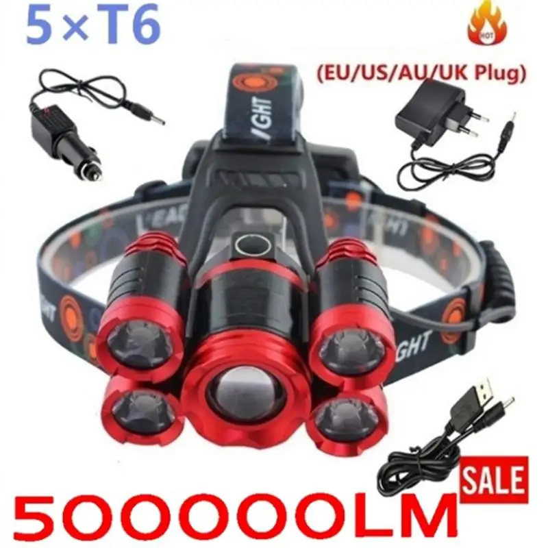 

NEW XML-T6 Led Headlight 5 Led Bulbs Waterproof headlamp Portable Torch Head Lamp 18650 battery USB Rechargeable Headlight