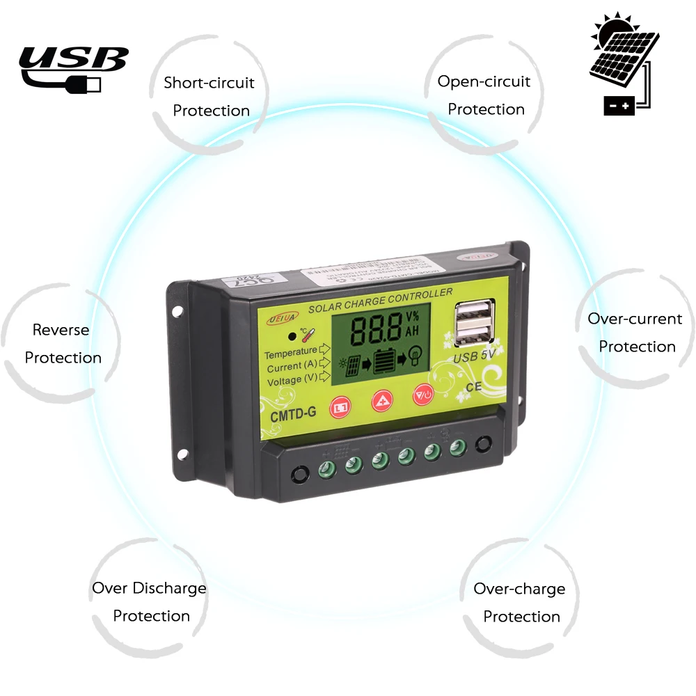 

Hot New 10A 12V/24V Multi-functional PWM Solar Charge Controller LCD Display Auto Regulator Solar Panel Battery Lamp Overload Pr