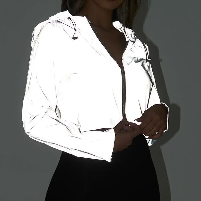 

Reflective Women's Crop Top Jacket Hooded Zipper Long Sleeve Female Coat Autumn Solid Windbreaker Run Woman Jackets Fall Cloth