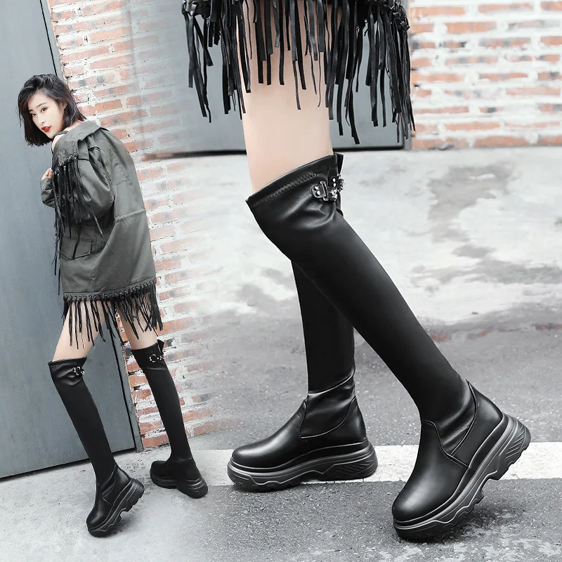

Europe And America Platform Heel Slip-on over-the-Knee Stretch Boots Women's Slimming Big Brand Star Thigh Boot Extra High Rivet
