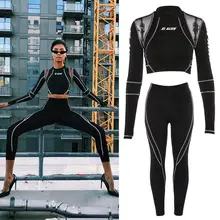 Женский комплект из 2 предметов для фитнеса, с принтом, сетчатый Прозрачный женский спортивный костюм, одежда для тренировок в тренажерном зале, с длинным рукавом, для фитнеса, укороченные верхние леггинсы