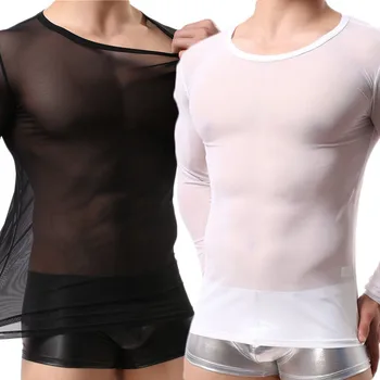 

Sheer Mesh Men Tops Long Sleeve T-shirt See Through Sexy Tight Underwear Stretch Nylon Undershirts Casual Gauze Ultra-thin Tee