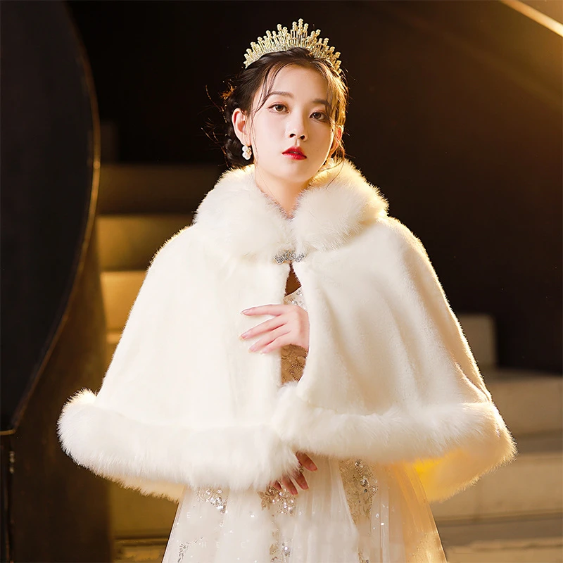 JaneVini Winter Bridal Fur Wedding Shawl Beaded Capes Women Ivory Faux Fur Collar Cloak Wraps Bride Jacket Bolero Fourrure Femme