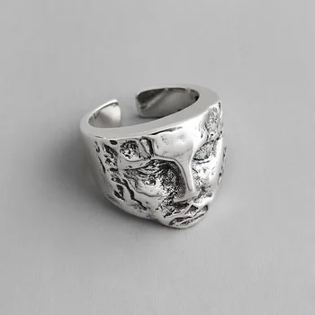 

Retro Authentic S925 Sterling Silver FINE Jewelry Abstract Portrait Heavy Wider Long Ring adjust TLJ781