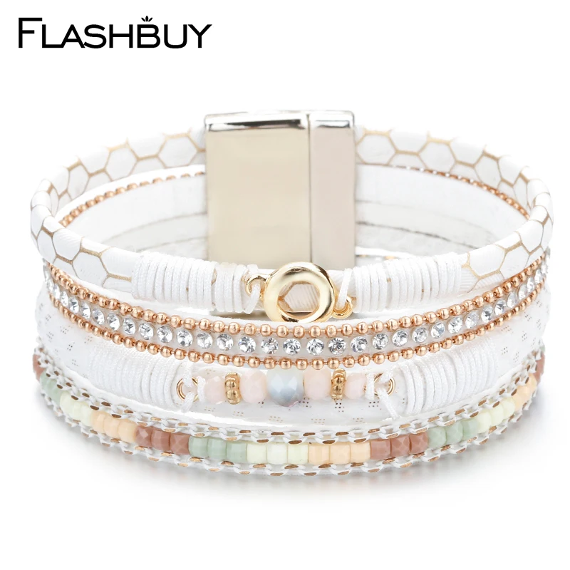Flashbuy Модные женские кожаные браслеты Morandi с хрустальными бусинами и металлической цепочкой, модные ювелирные изделия, женские свадебные аксессуары