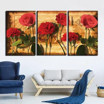 

3 Piece Modern Posters Stretch Canvas Art Prints Wall Art Red Rose Flowers Pictures Paintings for Bedroom Wall Arts