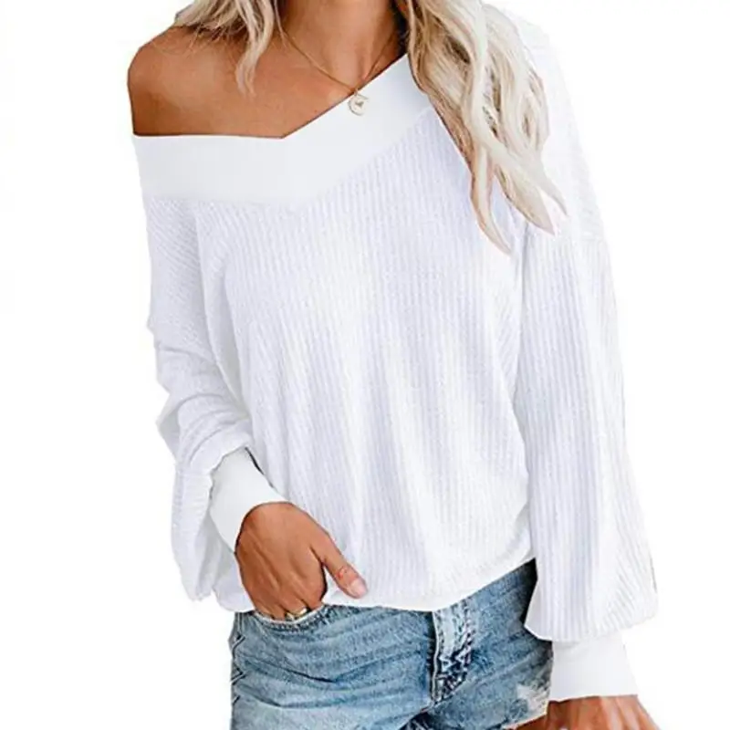 

Women Solid Off Shoulder Pullovers Sweater Sexy V Neck Long Sleeve Plus Size Sweaters Lantern Sleeve Autumn Knitted Tops