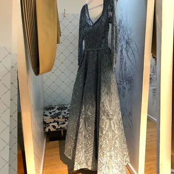 

2020 Dubai Blue Full Sleeve Evening Dresses Elegant Ball Gown V Neck Embroidered Crystals Evening Gowns