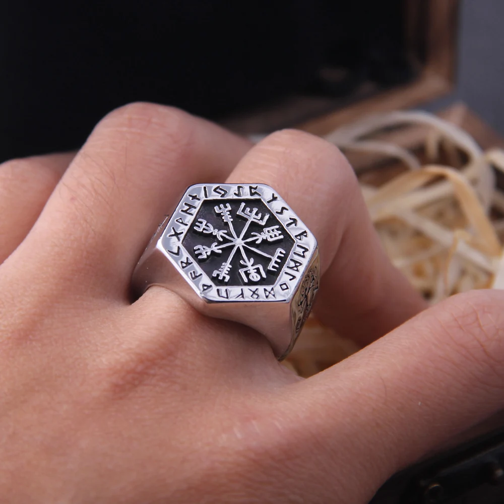 Stainless Steel Ring finger ring Viking Compass Runic Statement Men Vintage Color Nordic Viking Totem Odin