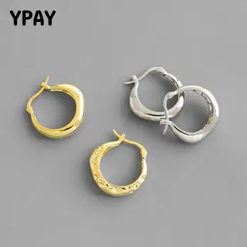 

YPAY 100% Authentic 925 Sterling Silver Hoop Earrings for Women Minimalist Uneven Surface Metal Earring Fine Jewelry Gift YME654