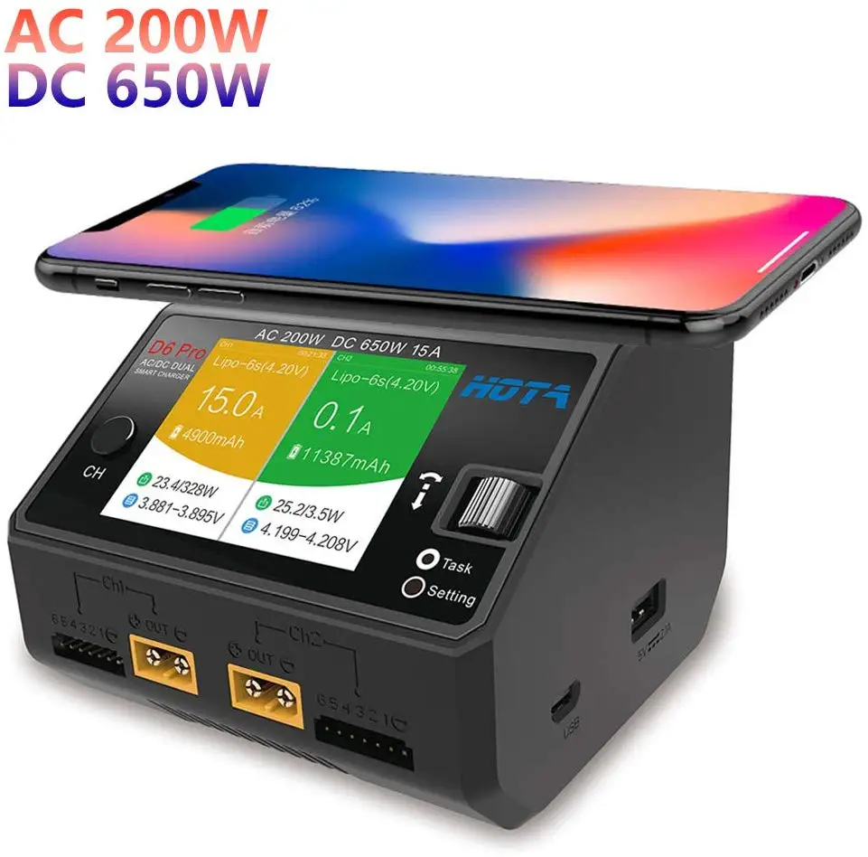 

HOTA D6 Pro Smart Charger AC200W DC650W 15A for Lipo LiIon NiMH Battery with iPhone Samsung Wireless Charging
