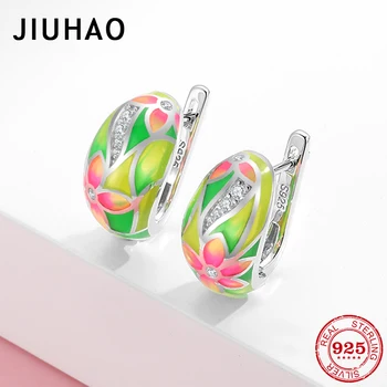 

Pink green Enamel Earrings For Women 925 Sterling Silver Stud Earrings Fine Jewelry Handmade flowers