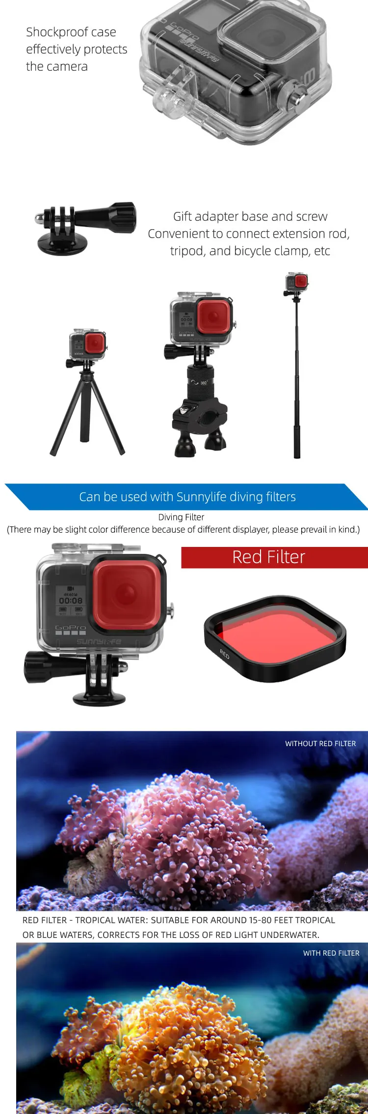 60 м водонепроницаемый чехол для Gopro Hero 8 Экшн-камера Черный Защитный чехол для дайвинга для GoPro 8 красный фильтр аксессуары