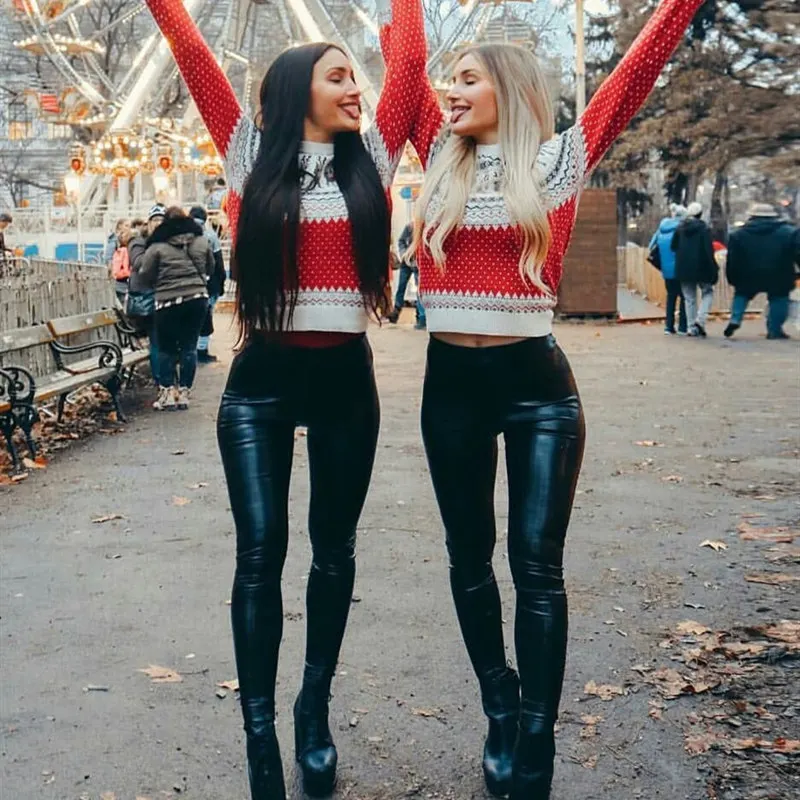 Женские кожаные леггинсы Sexi O5 черные с высокой талией на осень и зиму эластичные