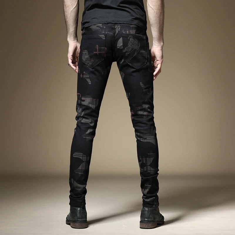 New European and American style men's male black jeans slim trend print pants hip-hop summer casual denim trousers 4