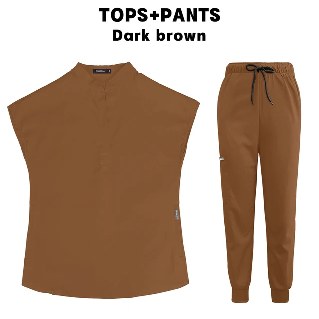 Scrubs Set for Women Pet Hospital Uniform Set Scrub Suits Solid Color Unisex Surgical Gown Pocket V-neck Joggers Wholesale Price Dark brown