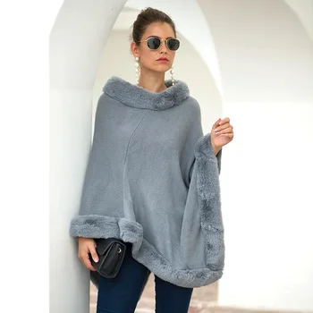

2019 Autumn winter New Women Capes Cloak Fur Edge Round Neck Pure Color Lady's Knitted Factory Wholesale High Quality