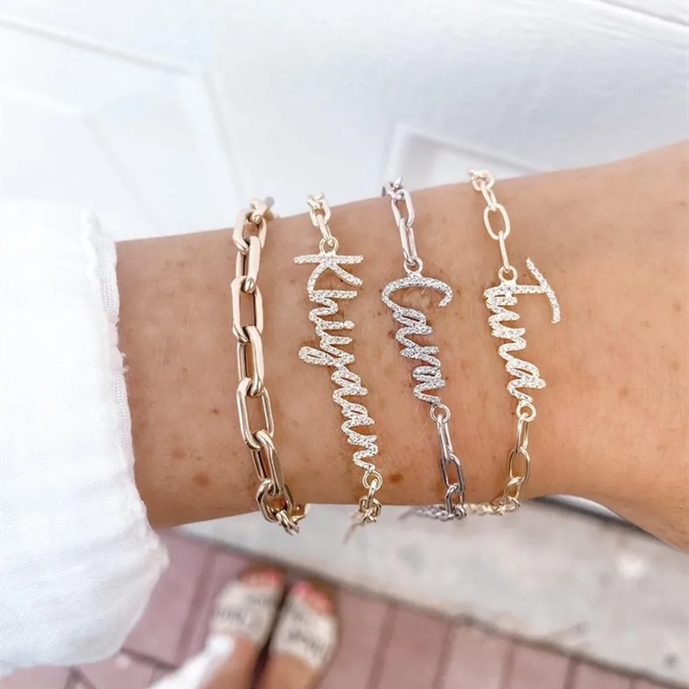 2021 New Alloy Custom Name Bracelet Pave Zircon Script Letter Personality Nameplate Pendant Jewelry Gift | Украшения и аксессуары