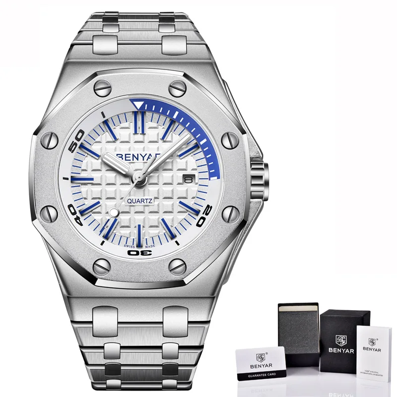 Steel Silver White Новинка, BENYAR, Топ бренд, Роскошные мужские часы, модные, повседневные, водонепроницаемые, мужские кварцевые часы, мужские спортивные наручные часы, Relogio Masculino - Цвет: Steel Silver White