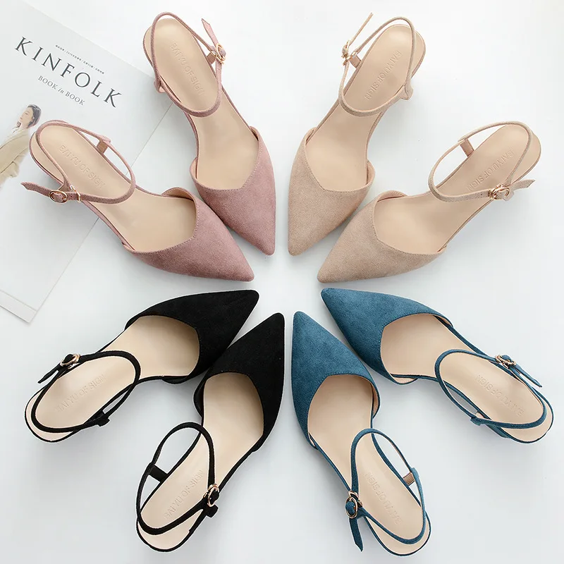 

Fu No. Pointed Toe Chunky Heel Shoes Women's 2019 Spring New Style WOMEN'S Shoes Front Bag after Empty Sandals Ladies Heels