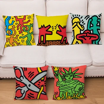 

Keith Haring Graffiti Cushion Cover White Super Soft Short Plush Pillowcase 45*45 Pillows Cover Home Decor Throw Pillowcase