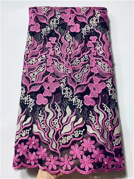

African Net Lace Fabric High Quality Elegant Nigerian Wedding Lace Fabrics 5 Yards Stones French net Tulle lace fucshia