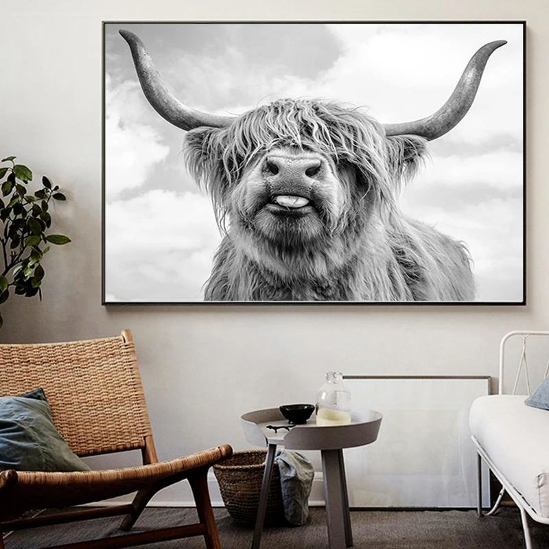 Black And White Yak Highland Cow Wild Animals Canvas Painting Posters And Prints Cuadros Wall Art Picture For Living Room Decor Painting Calligraphy Aliexpress