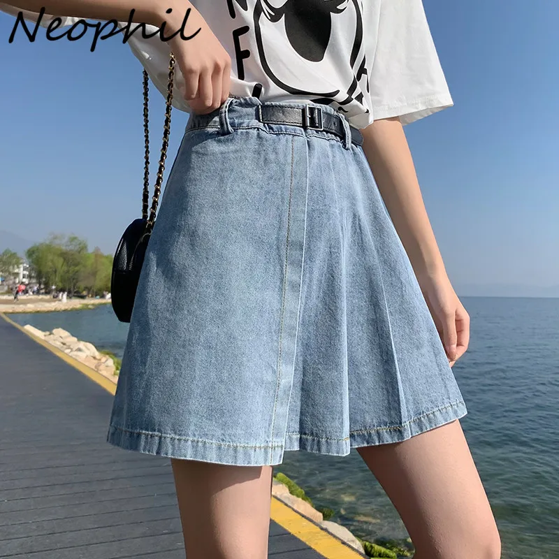 Neophil 2023 Women Summer A-Line Mini Jeans Skirts High Waist Plus Size Fashion Blue Female Pleated Short Belt Denim Hip Skirt шина летняя nexen n blue hd plus 195 55 r15 85v