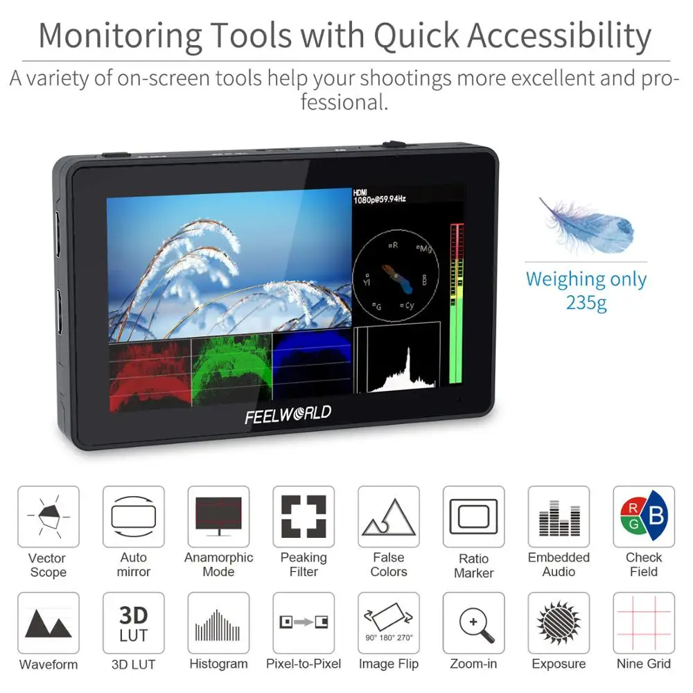 FEELWORLD 5.5 Inch on Camera DSLR Field Monitor FHD IPS Touch Screen 4K HDMI 1920x1080 3D LUT Waveform for Rig Gimbal F6PLUS