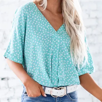

2020 Ladies Blouse Women's V-neck Wave Point Casual Printing Short Sleeve Shirts Loose Blouses Tops Blusa Feminina*3