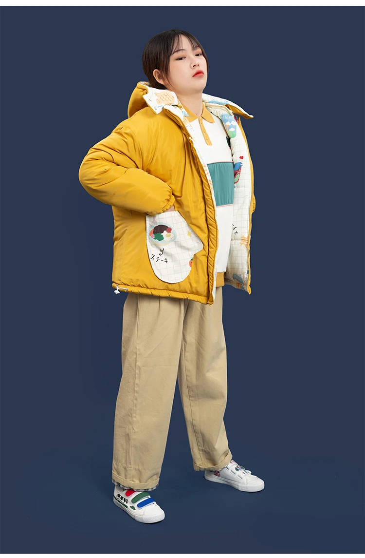 Игривый дизайн мультфильм печатных женские теплые толстые зимние парки пальто с капюшоном Свободная верхняя одежда консервативный стиль обе стороны носить