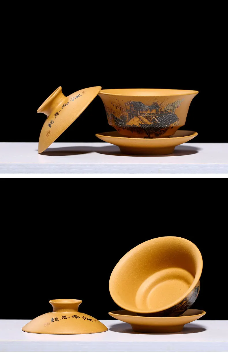 Yixing Gaiwan, 135 мл, чайная чаша, блюдце, набор крышек, фиолетовая глина, чашка, чайник, контейнер, ручная роспись, чайная тарелка, чайная посуда, Декор, ремесла