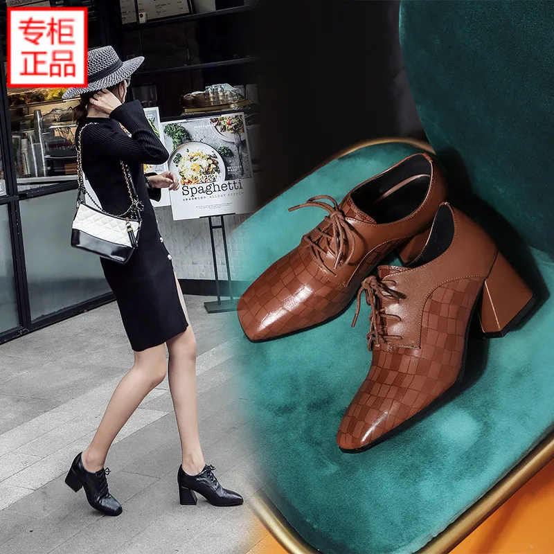 

2019 Spring New Style Genuine Leather Lace-up England Small Leather Shoes Retro Square Head Deep Mouth Chunky-Heel Shoes Women H