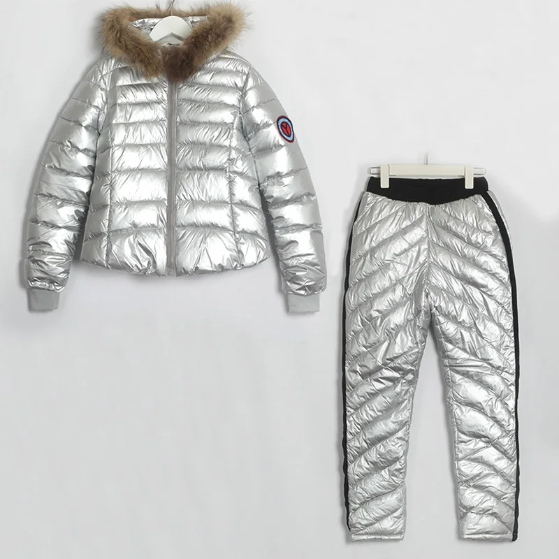 Silver Wixra, зимняя парка с капюшоном, костюмы, комплекты из 2 предметов, элегантная теплая уличная одежда, лыжный костюм, прямая молния, толстый Женский Повседневный Спортивный костюм - Цвет: Silver